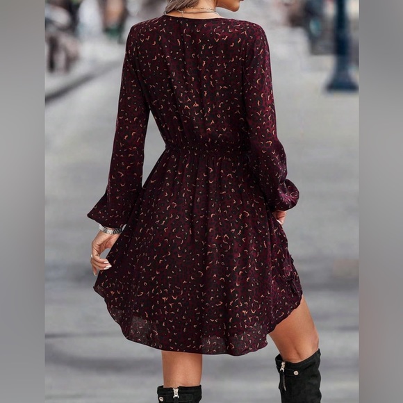 NWOT Burgundy Brown & Black Animal Leopard Pattern Tiered Dress, Long Sleeve -XL - Picture 3 of 9